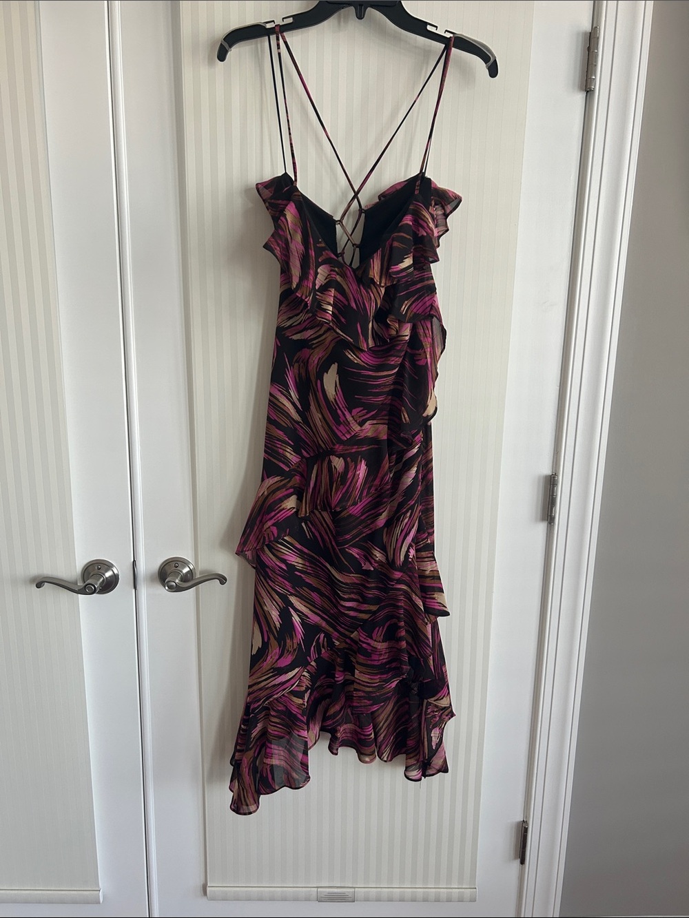 Ruffled Strappy Midi Dress in Pink & Black Swirl